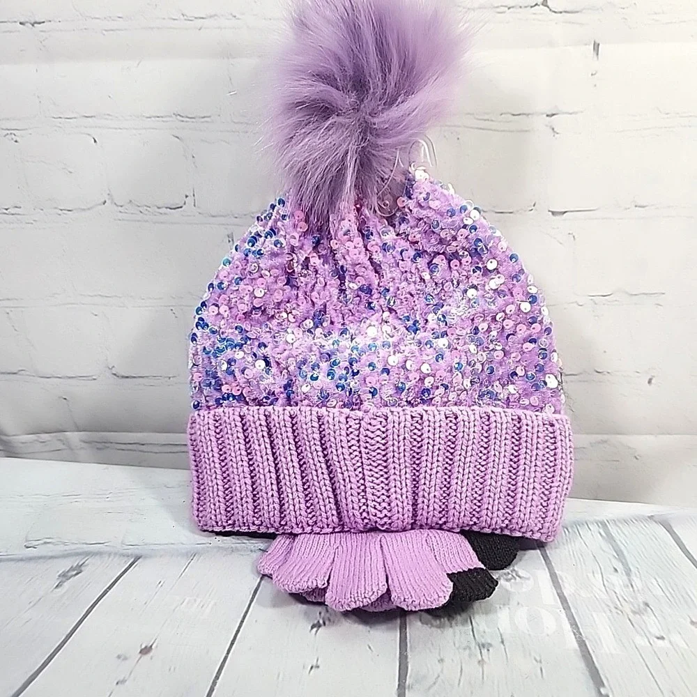 Justice Girls Purple Sequin Ribbed Beanie w/faux fur & Gloves 2-Piece Set NWT